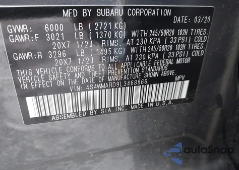 2020 Subaru Ascent Touring z USA, uszkodzony, nr VIN 4S4WMARD9L3468866